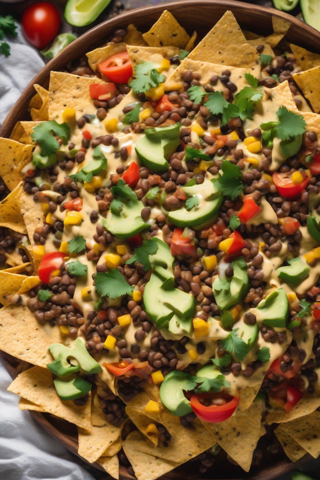 A high-resolution photo of vegan queso nachos with lentils and veggies under soft lighting.