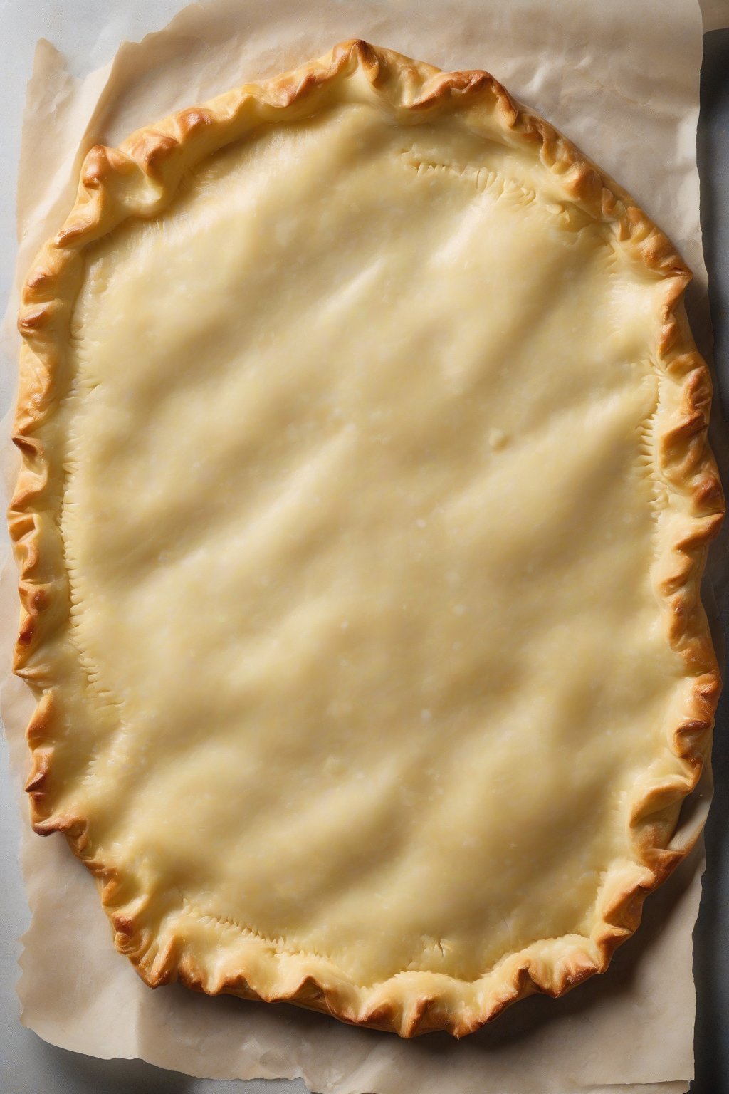 A high-resolution photo of a golden, flaky all-butter pie crust rolled out on parchment paper, with visible butter layers, under soft lighting.