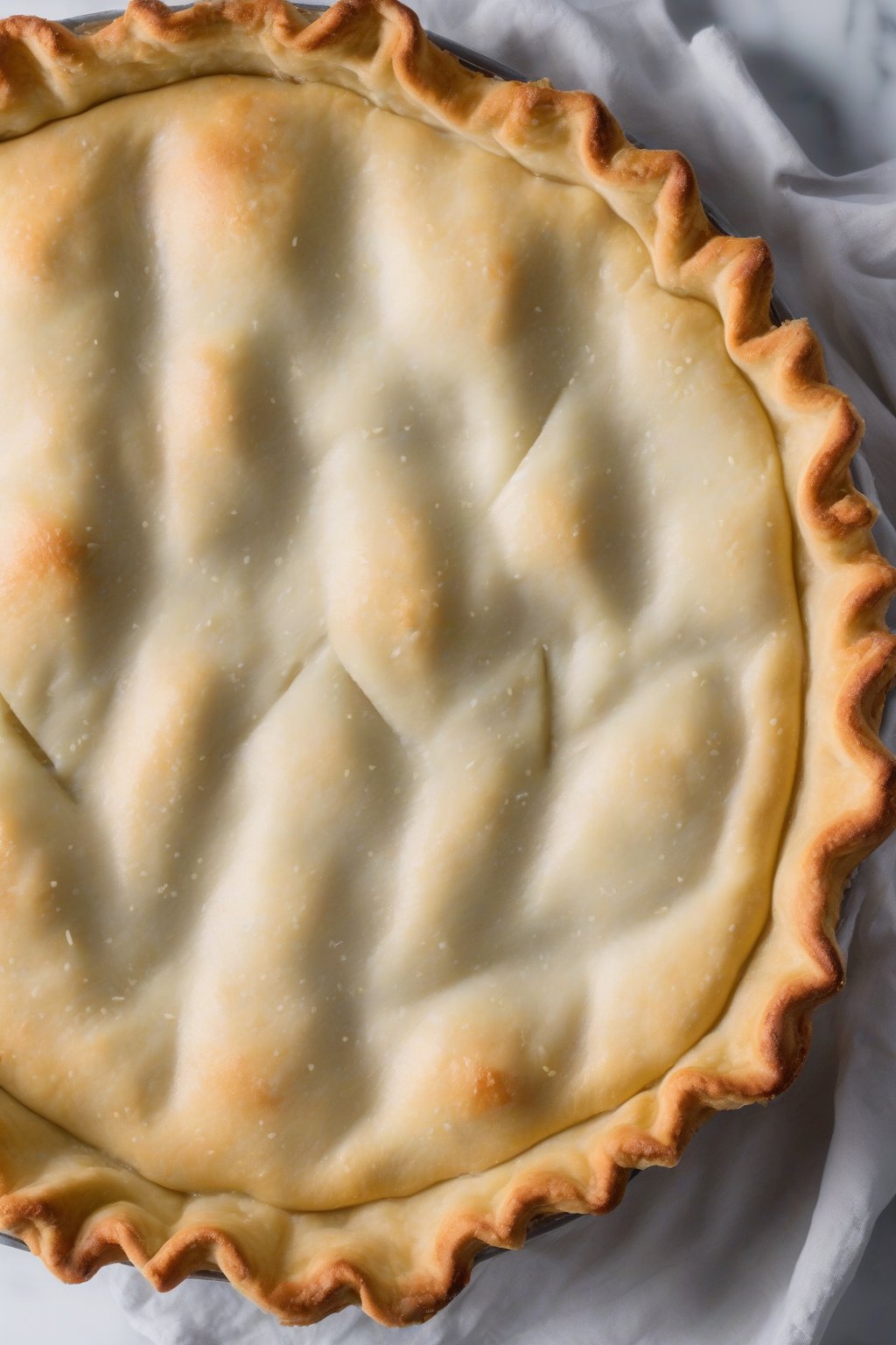 A high-resolution photo of a vodka pie crust pie with shatteringly flaky top crust, steam rising, under soft lighting.