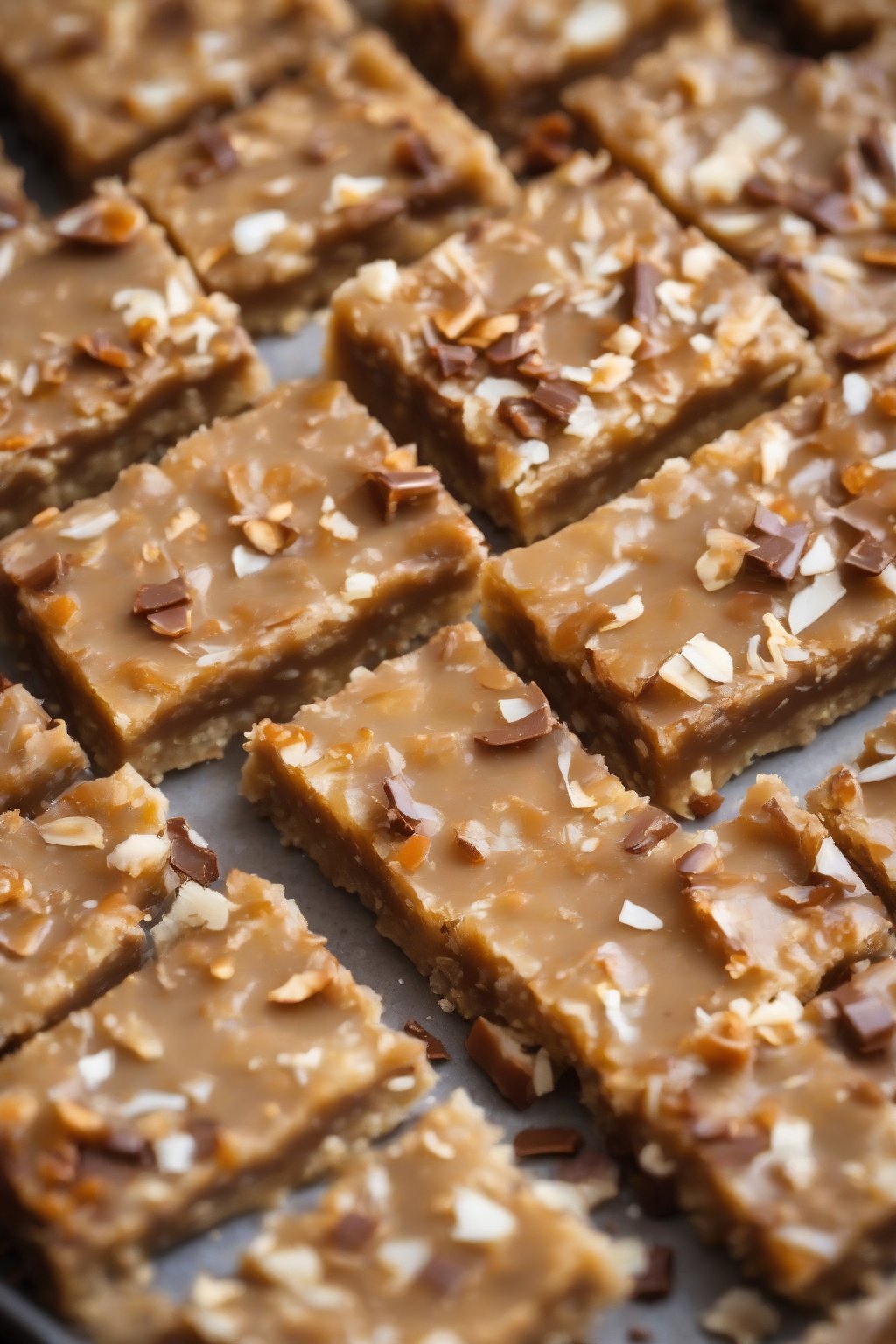 A close-up photo of coconut-flecked chewy butter toffee bars under soft lighting.