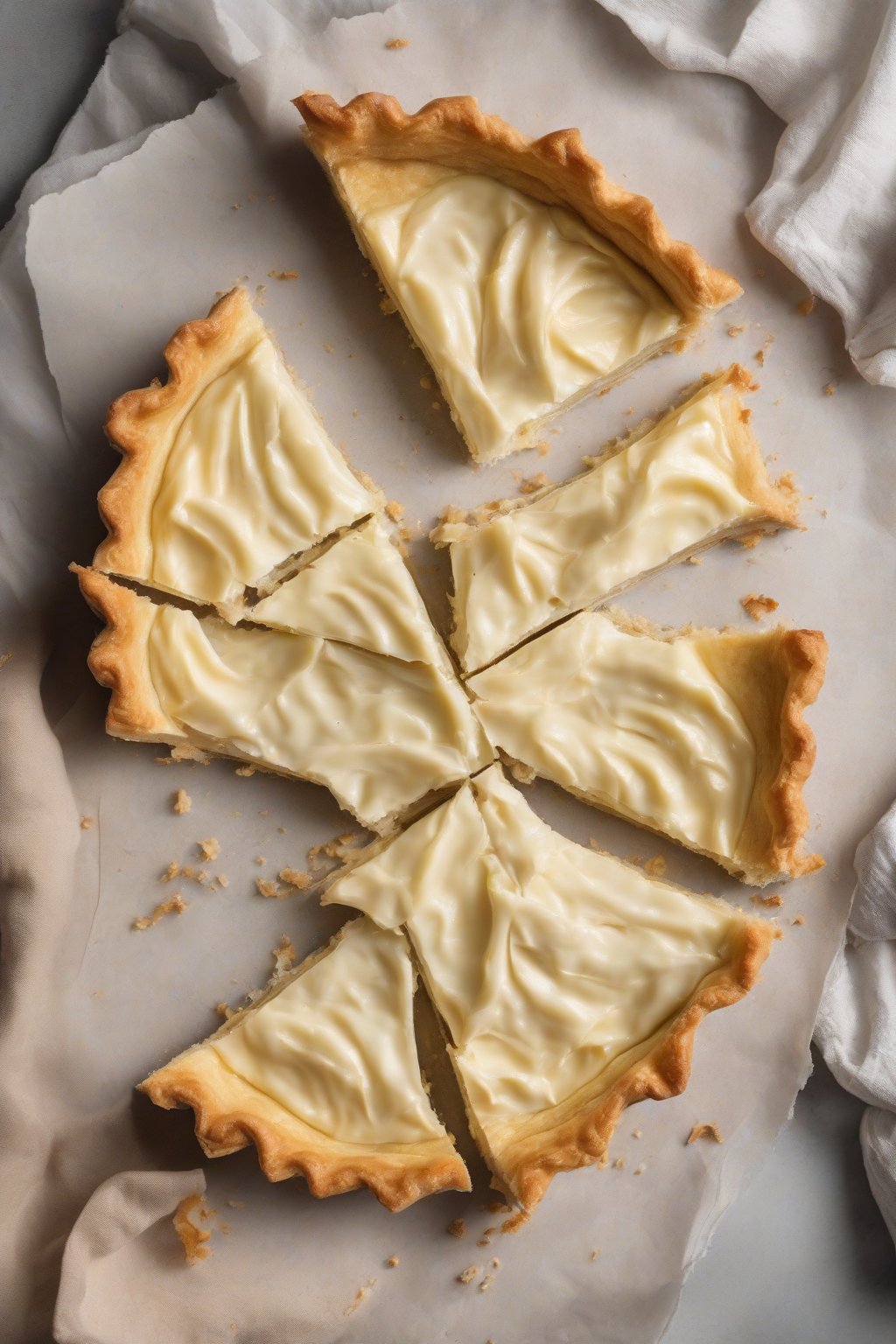 A high-resolution photo of a cream cheese pie crust tart sliced open, revealing ultra-flaky interior, under soft lighting.