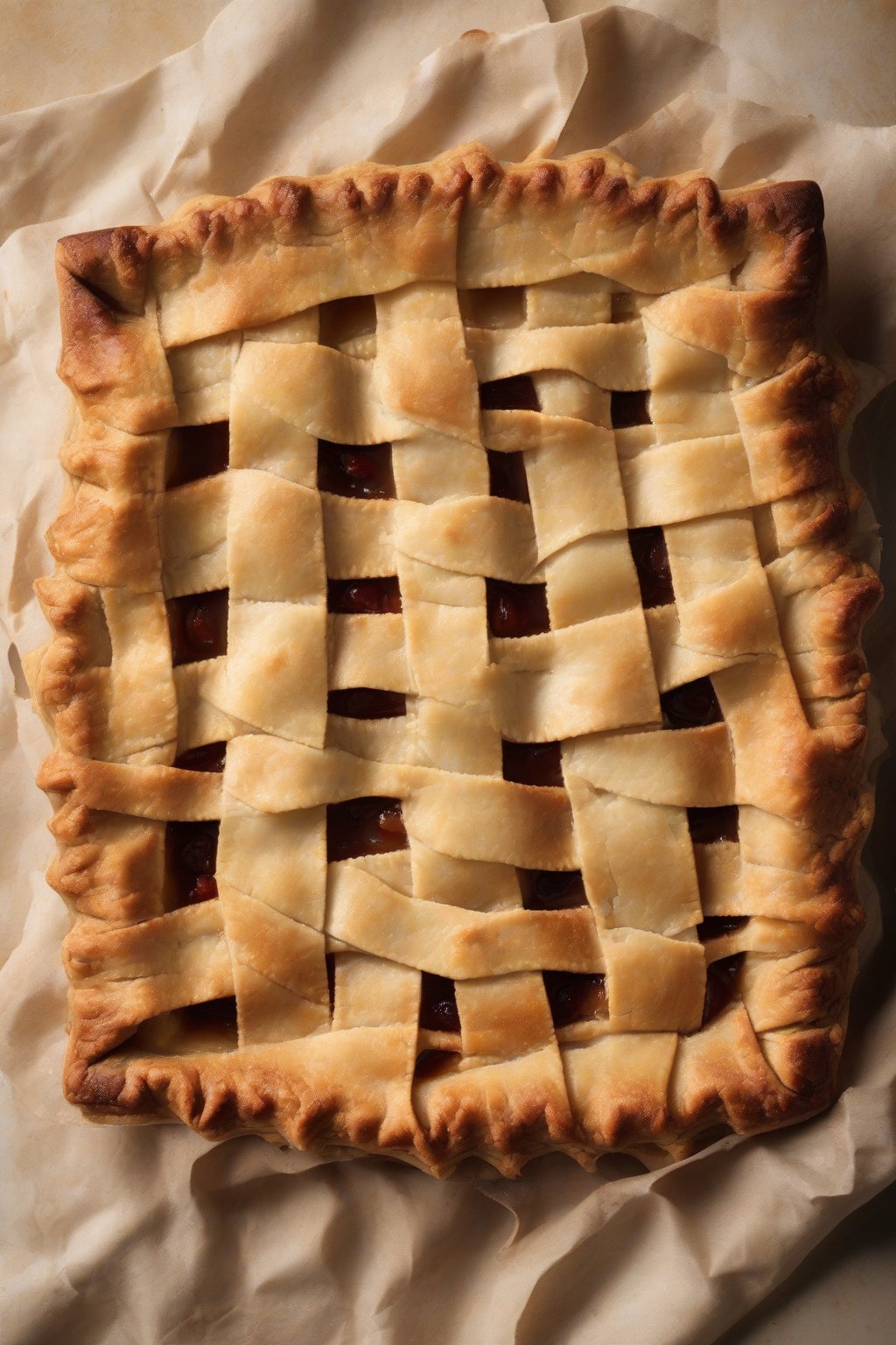 A high-resolution photo of a vinegar pie crust with lattice top, flaky and browned perfectly, under soft lighting.