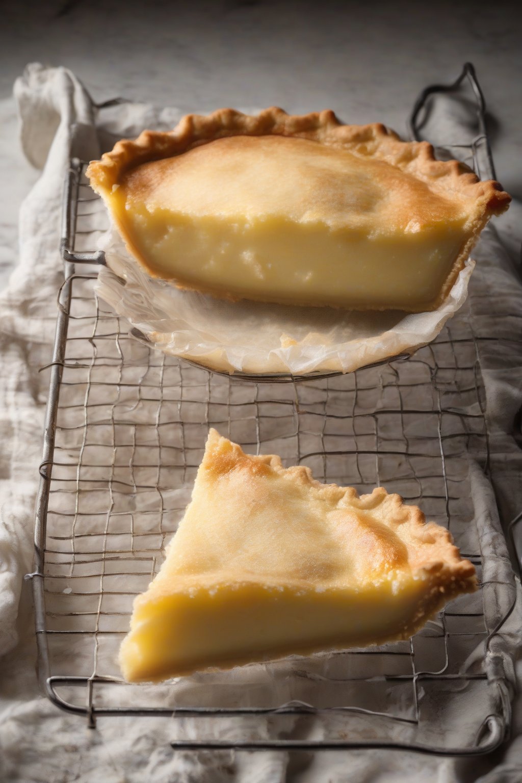 A high-resolution photo of a buttermilk crust pie cooling on a wire rack, edges flaking dramatically, under soft lighting.