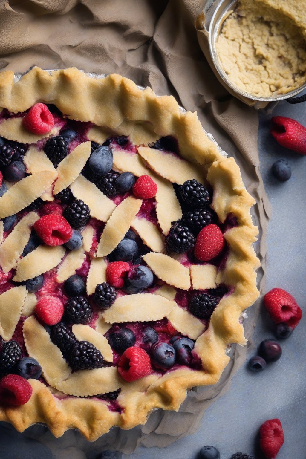 A high-resolution photo of an almond flour pie crust filled with berries, golden and flaky despite being low-carb, under soft lighting.