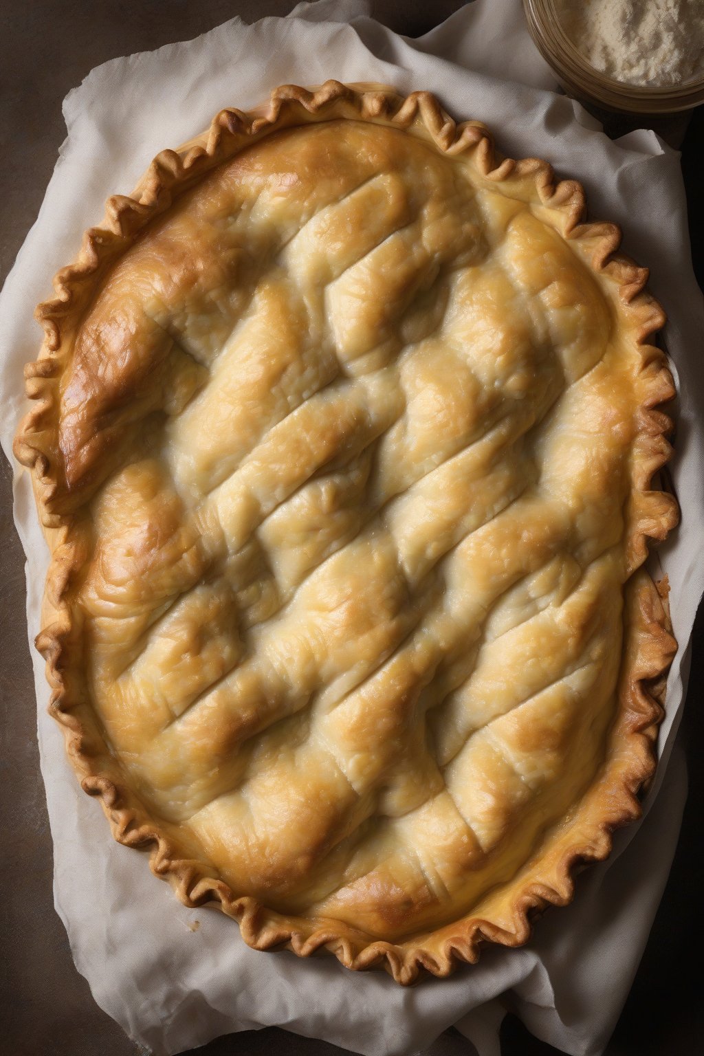 A high-resolution photo of a lard pie crust with heritage-style crimping, ultra-flaky and steaming hot, under soft lighting.