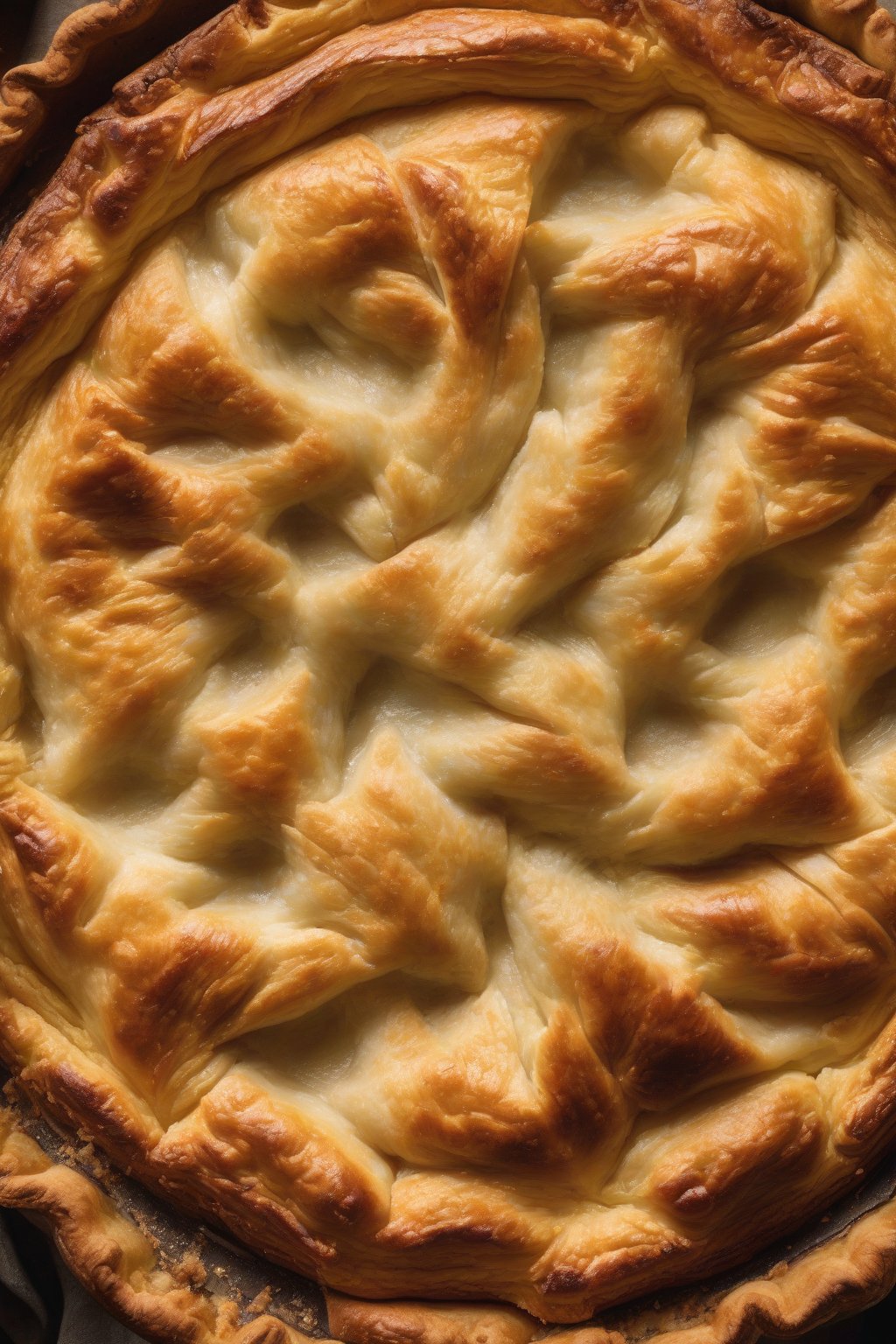 A high-resolution photo of a hot water pastry crust pie, tall and flawlessly flaky cross-section, under soft lighting.