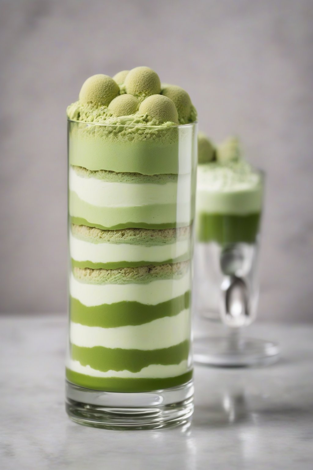A high-resolution photo of layered matcha tiramisu in a glass, vibrant green cream contrasting pale ladyfingers, under soft lighting.