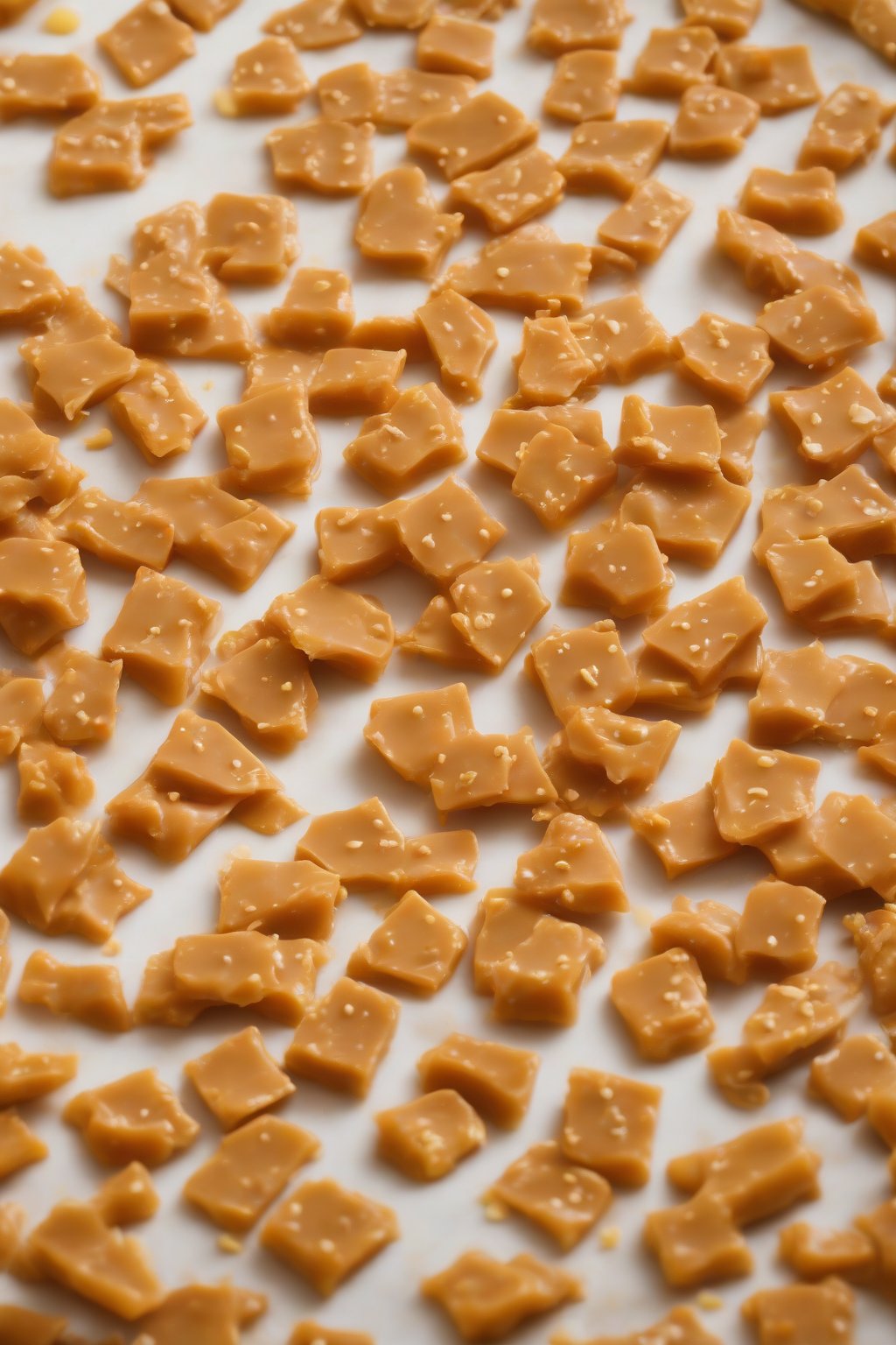 A close-up photo of orange zest-dotted chewy butter toffee under soft lighting.
