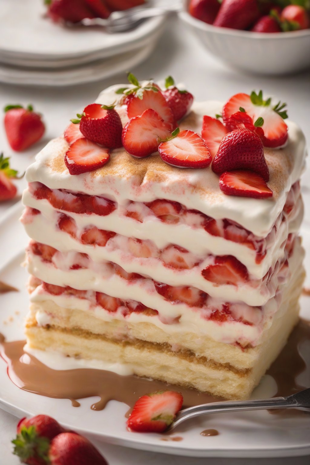 A high-resolution photo of strawberry tiramisu with visible berry slices peeking through cream layers, topped with glaze, under soft lighting.