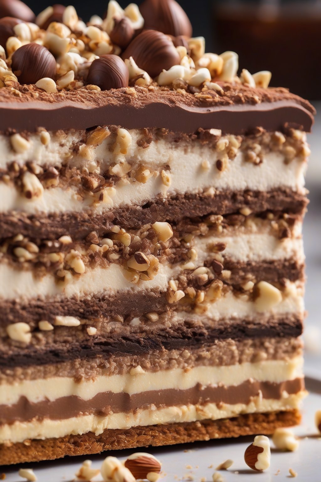 A high-resolution photo of chocolate hazelnut tiramisu topped with crushed nuts and cocoa, cross-section showing rich layers, under soft lighting.