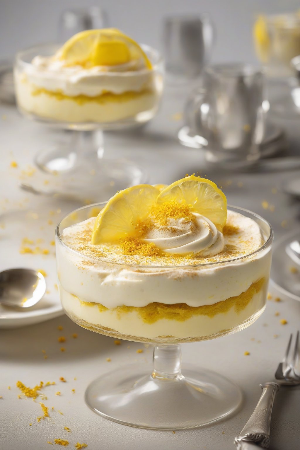 A high-resolution photo of lemon tiramisu with bright yellow zest flecks on creamy surface, elegant glass serving, under soft lighting.