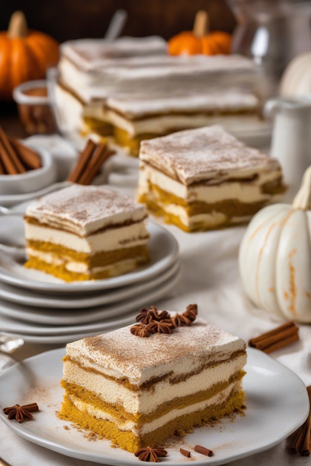 A high-resolution photo of pumpkin spice tiramisu with warm orange hues and spice dusting, sliced to show layers, under soft lighting.