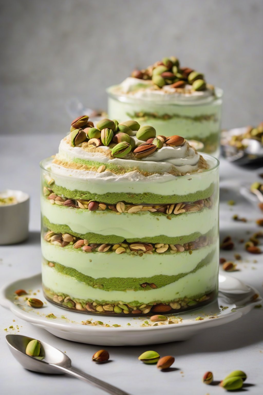 A high-resolution photo of pistachio tiramisu garnished with whole nuts, creamy green layers visible, under soft lighting.