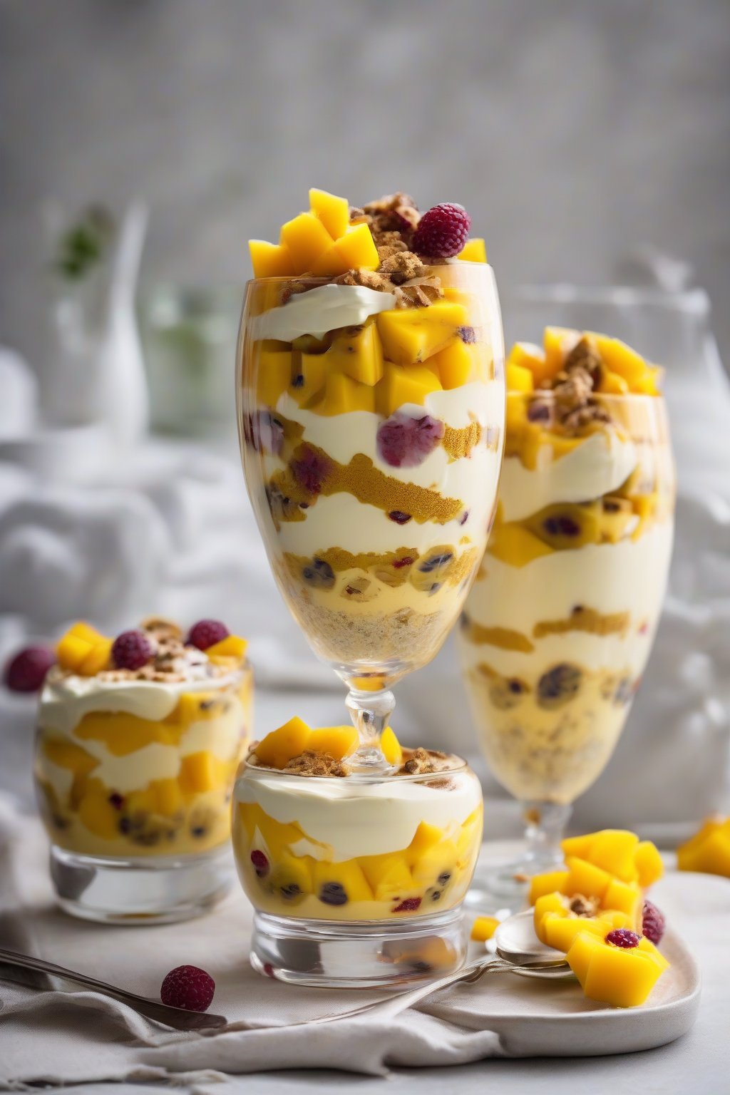 A high-resolution photo of mango passionfruit tiramisu with juicy fruit chunks and yellow cream, in parfait glasses, under soft lighting.