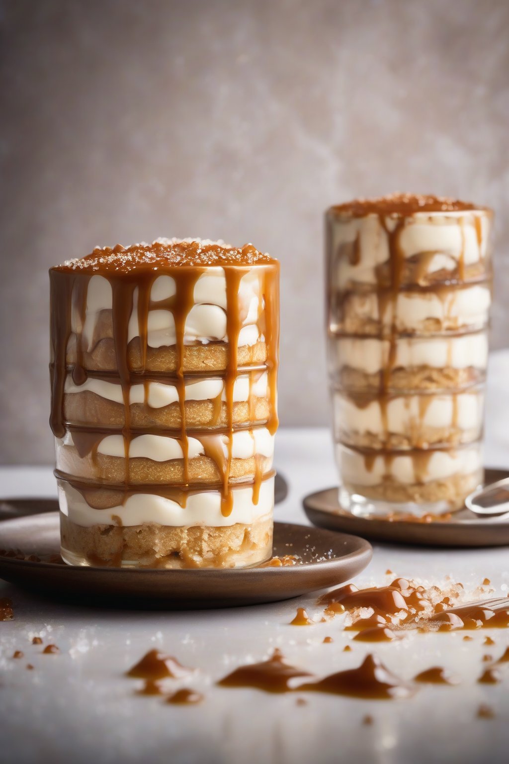 A high-resolution photo of salted caramel tiramisu dripping with sauce, flaky sea salt crystals on top, under soft lighting.