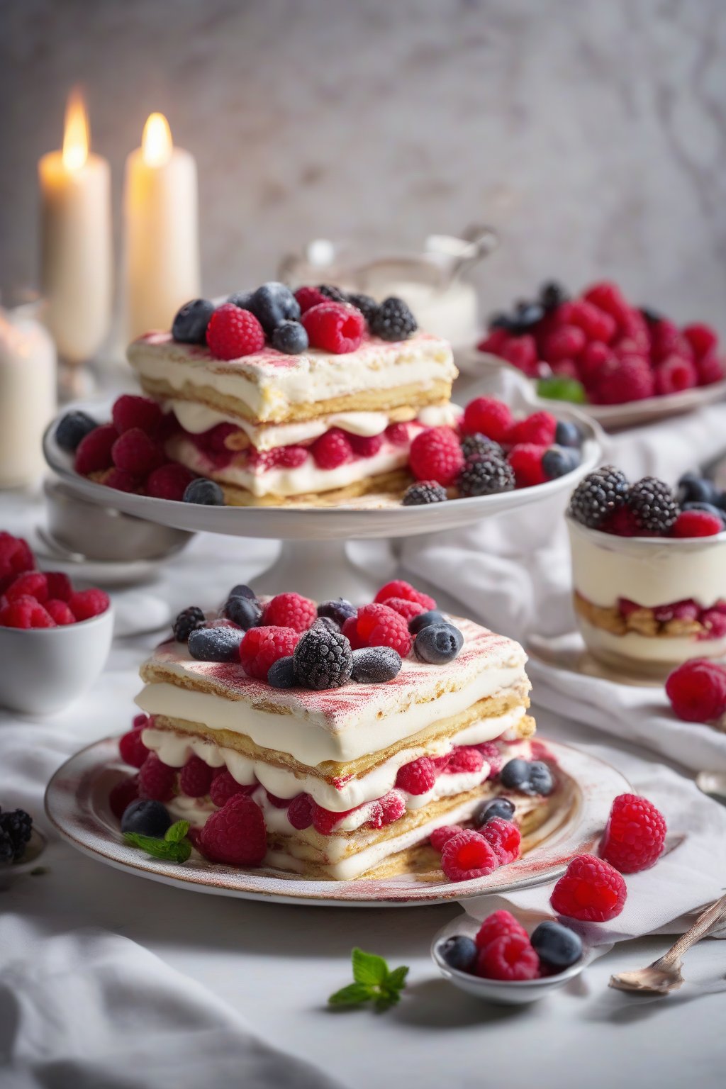 A high-resolution photo of raspberry white chocolate tiramisu with fresh berries cascading over white cream layers, under soft lighting.