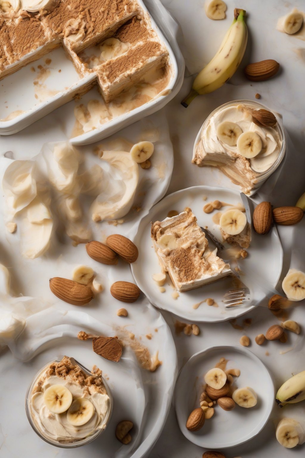 A high-resolution photo of peanut butter banana tiramisu sliced to reveal banana rounds in nutty cream, under soft lighting.
