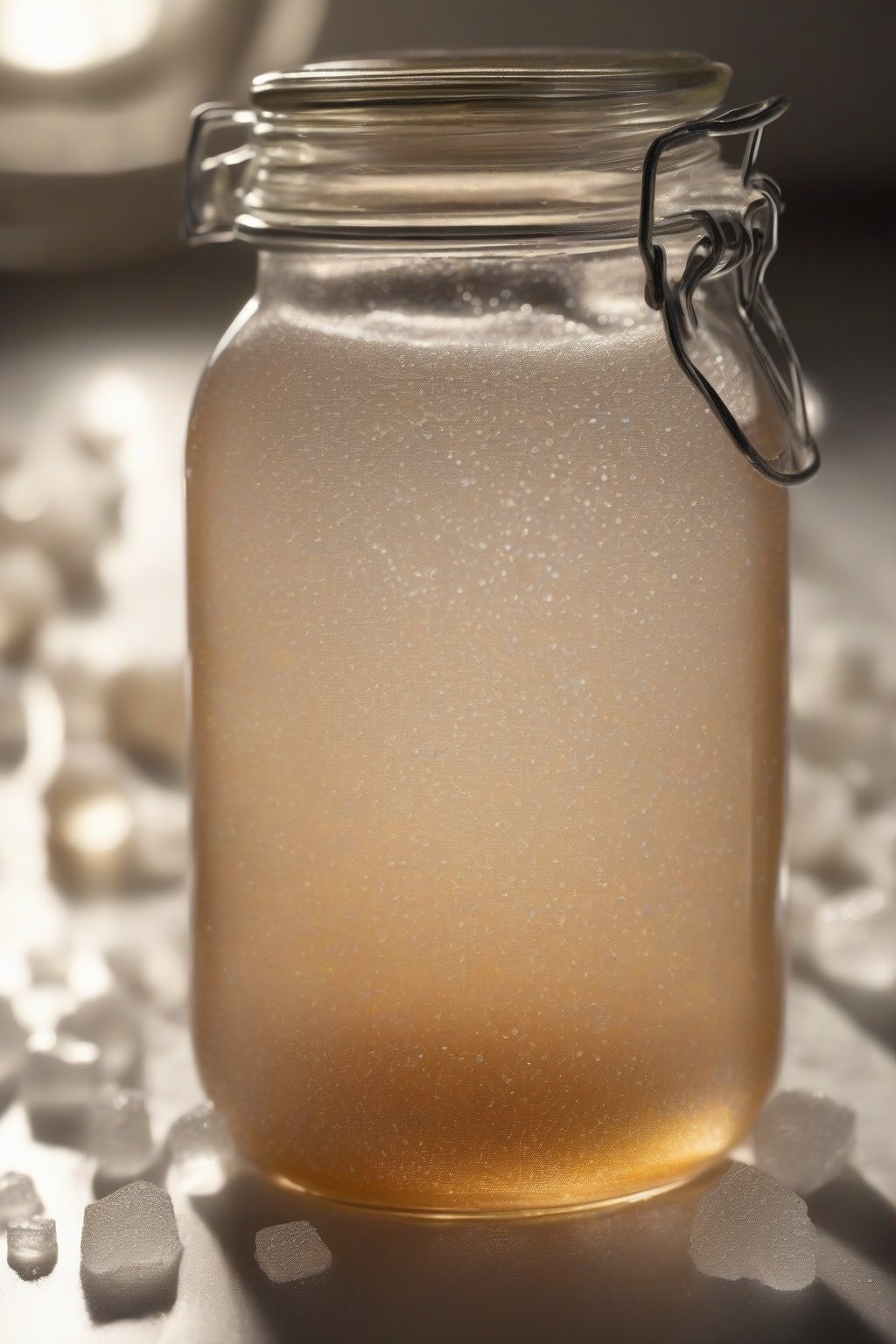 A high-resolution photo of a clear glass jar filled with glistening classic simple syrup, with sugar crystals dissolving in the background, under soft lighting.