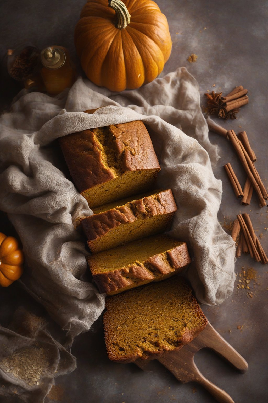 A high-resolution close-up photo of chai-spiced pumpkin bread with visible spice specks and a golden crust, steam rising, under soft lighting.