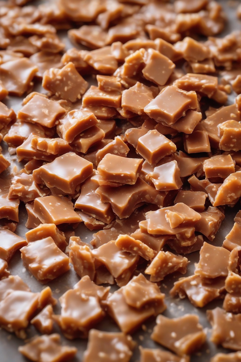 A close-up photo of reddish spicy chewy butter toffee pieces under soft lighting.
