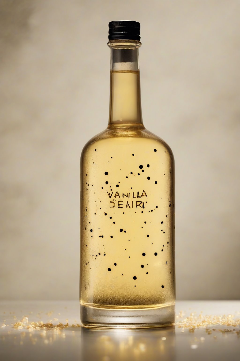 A high-resolution photo of vanilla bean simple syrup in an elegant bottle, with visible black specks floating in the golden liquid, under soft lighting.