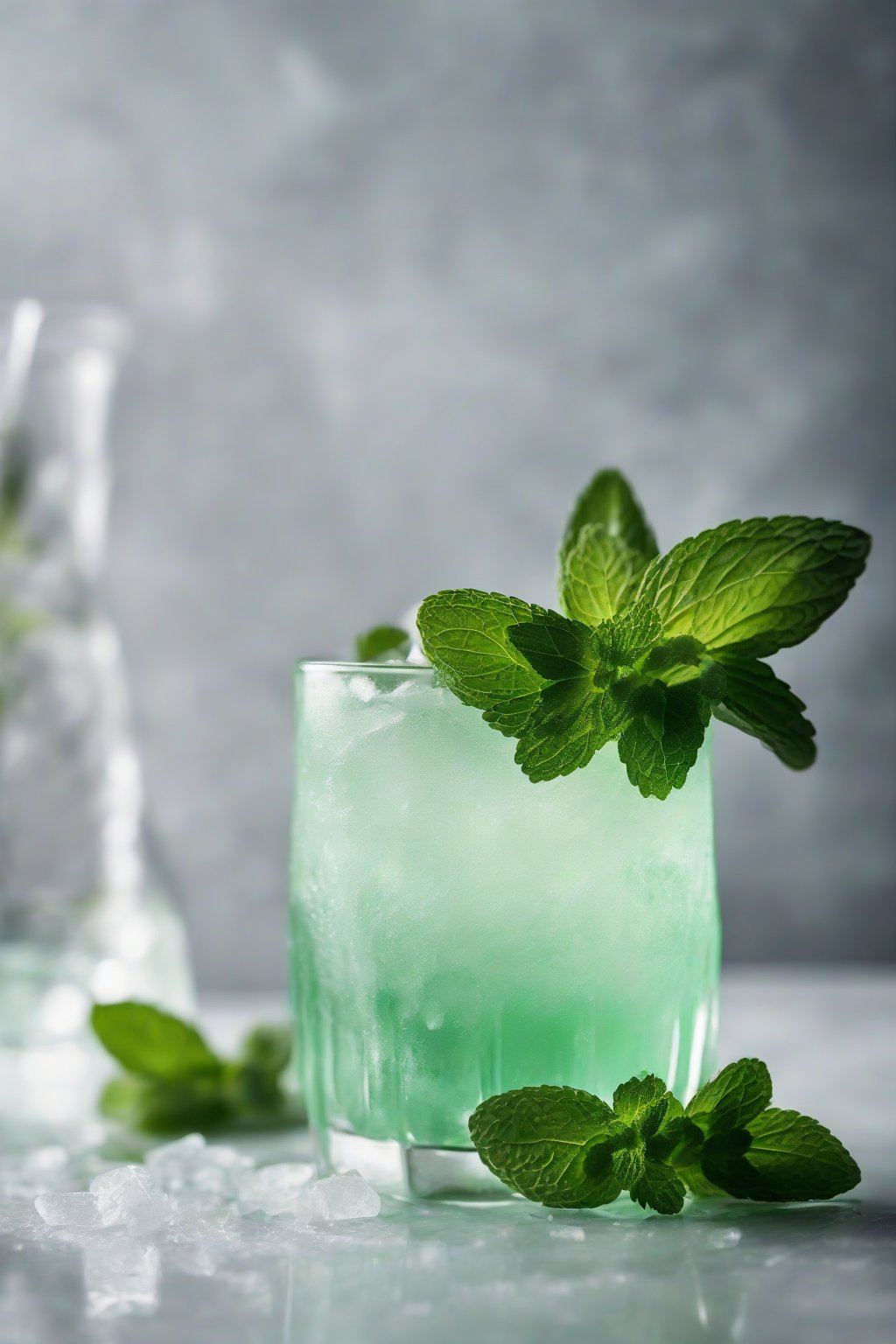 A high-resolution photo of mint simple syrup poured over crushed ice in a glass, garnished with fresh mint sprigs, under soft lighting.