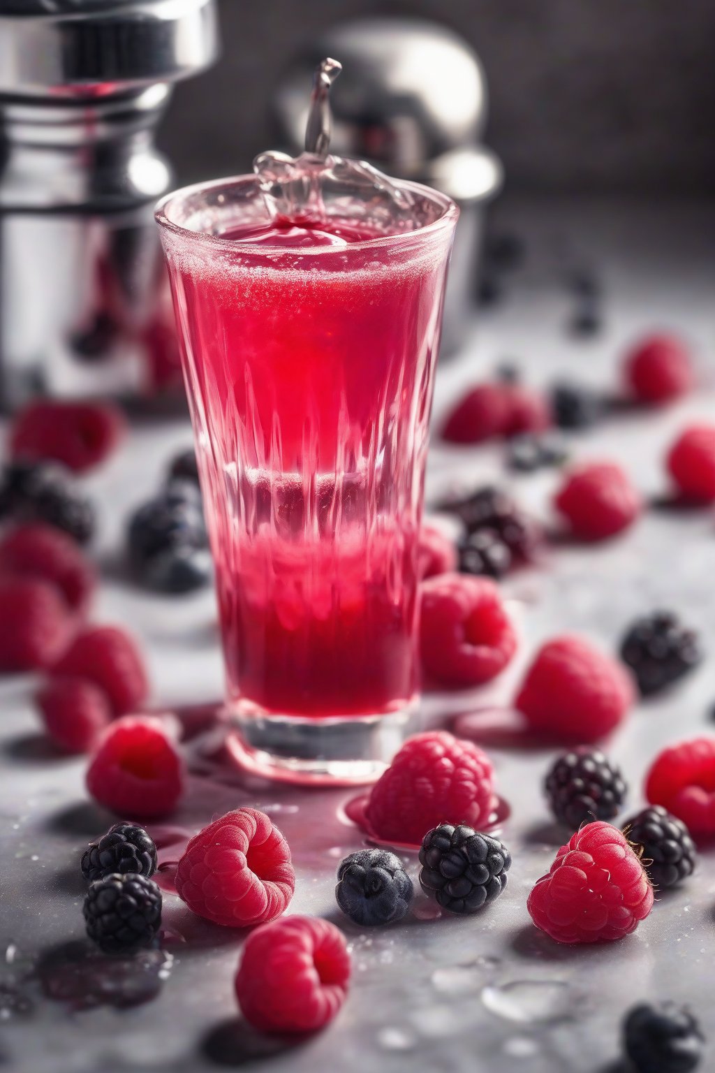 A high-resolution photo of vibrant red raspberry simple syrup dripping into a cocktail shaker, surrounded by fresh berries, under soft lighting.