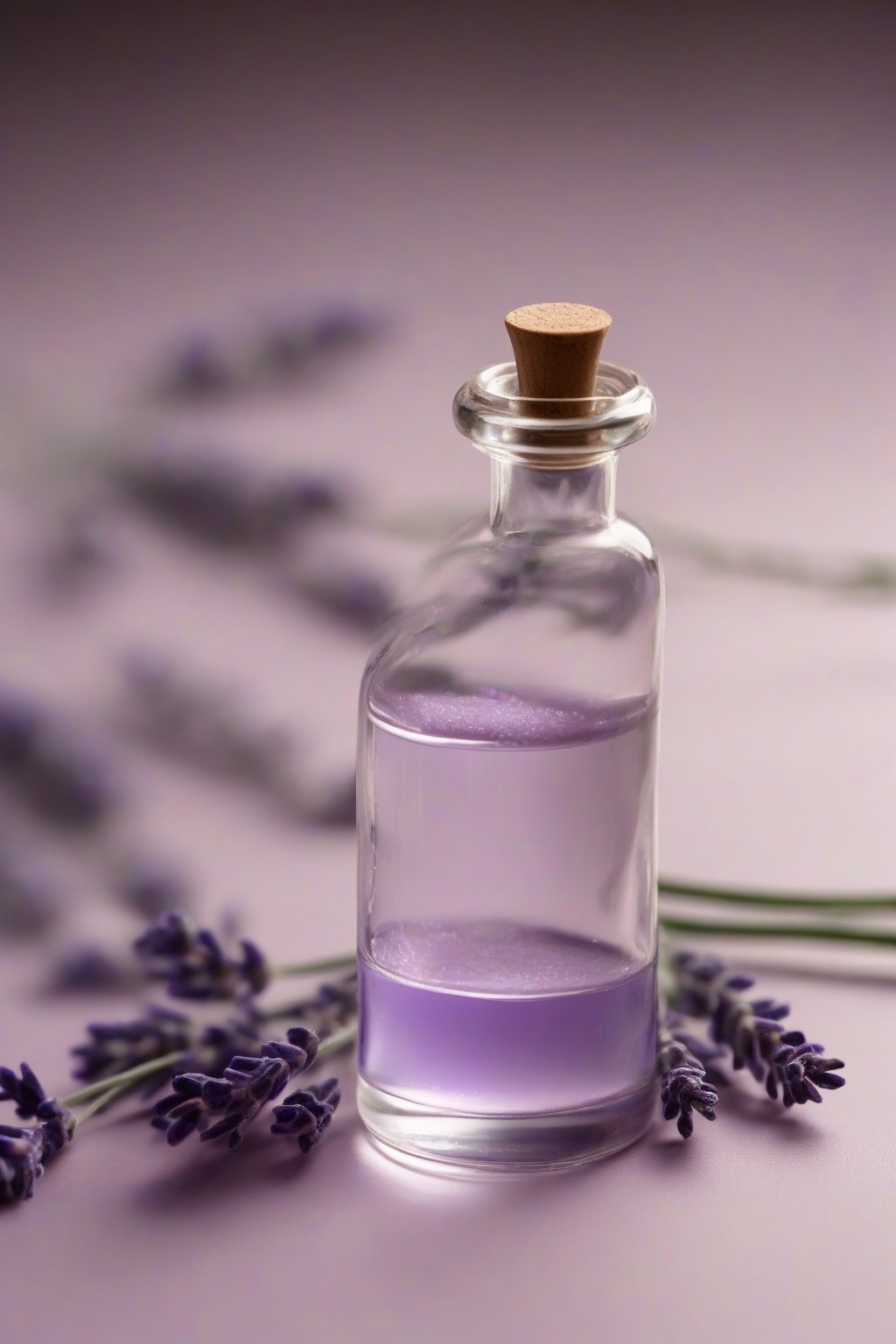 A high-resolution photo of pale purple lavender simple syrup in a delicate glass vial, with lavender sprigs nearby, under soft lighting.