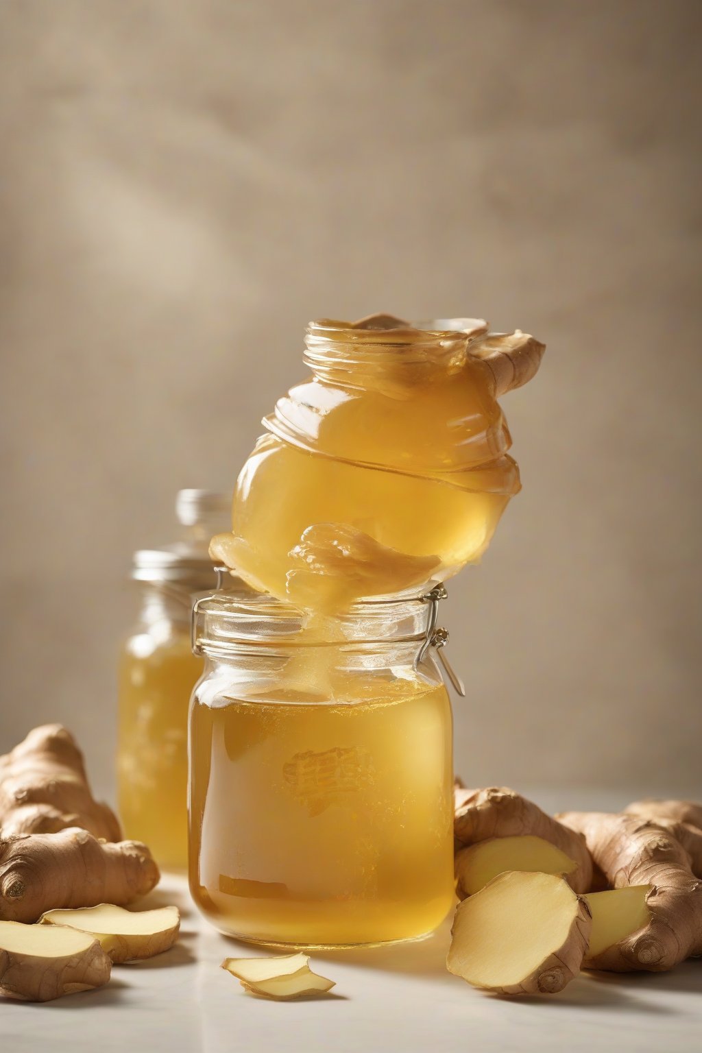 A high-resolution photo of golden ginger simple syrup in a jar, with slices of fresh ginger floating inside, under soft lighting.