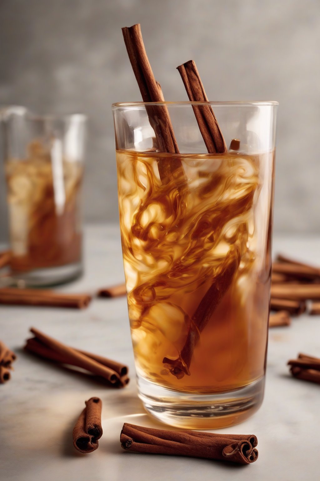 A high-resolution photo of amber cinnamon simple syrup swirling in a glass, with cinnamon sticks leaning against it, under soft lighting.