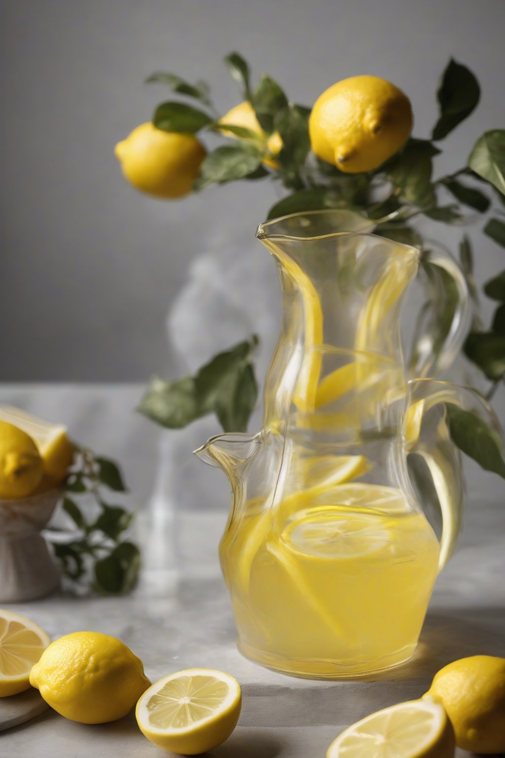 A high-resolution photo of bright yellow lemon simple syrup in a pitcher, with lemon slices and zest scattered around, under soft lighting.