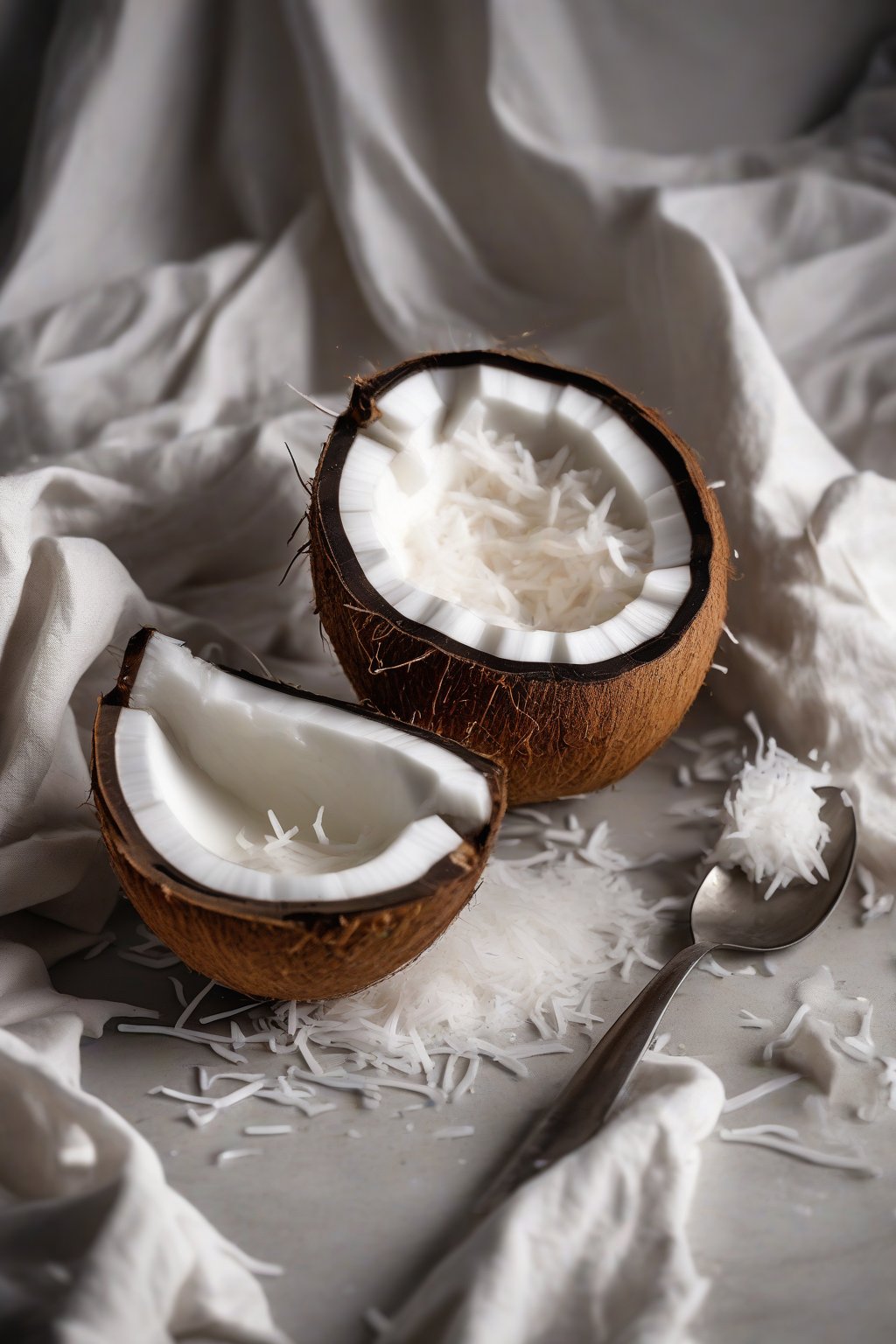 A high-resolution photo of milky coconut simple syrup in a coconut shell bowl, topped with shredded coconut, under soft lighting.