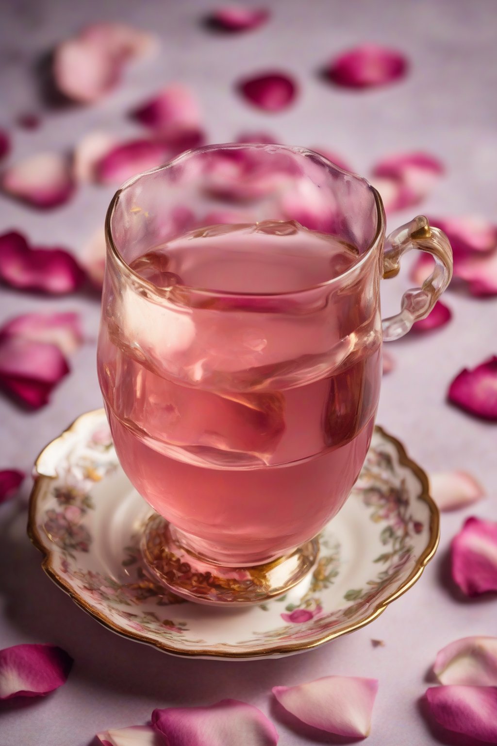 A high-resolution photo of pink-tinged rose simple syrup in a vintage teacup, surrounded by rose petals, under soft lighting.