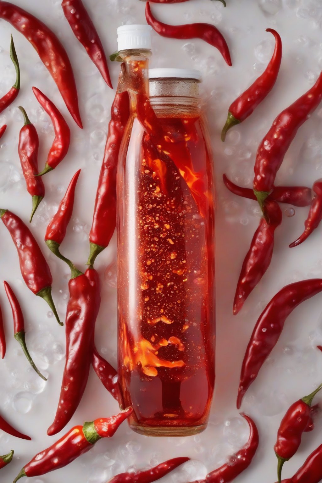A high-resolution photo of fiery red chili simple syrup in a small bottle, with sliced chilies and bubbles visible, under soft lighting.