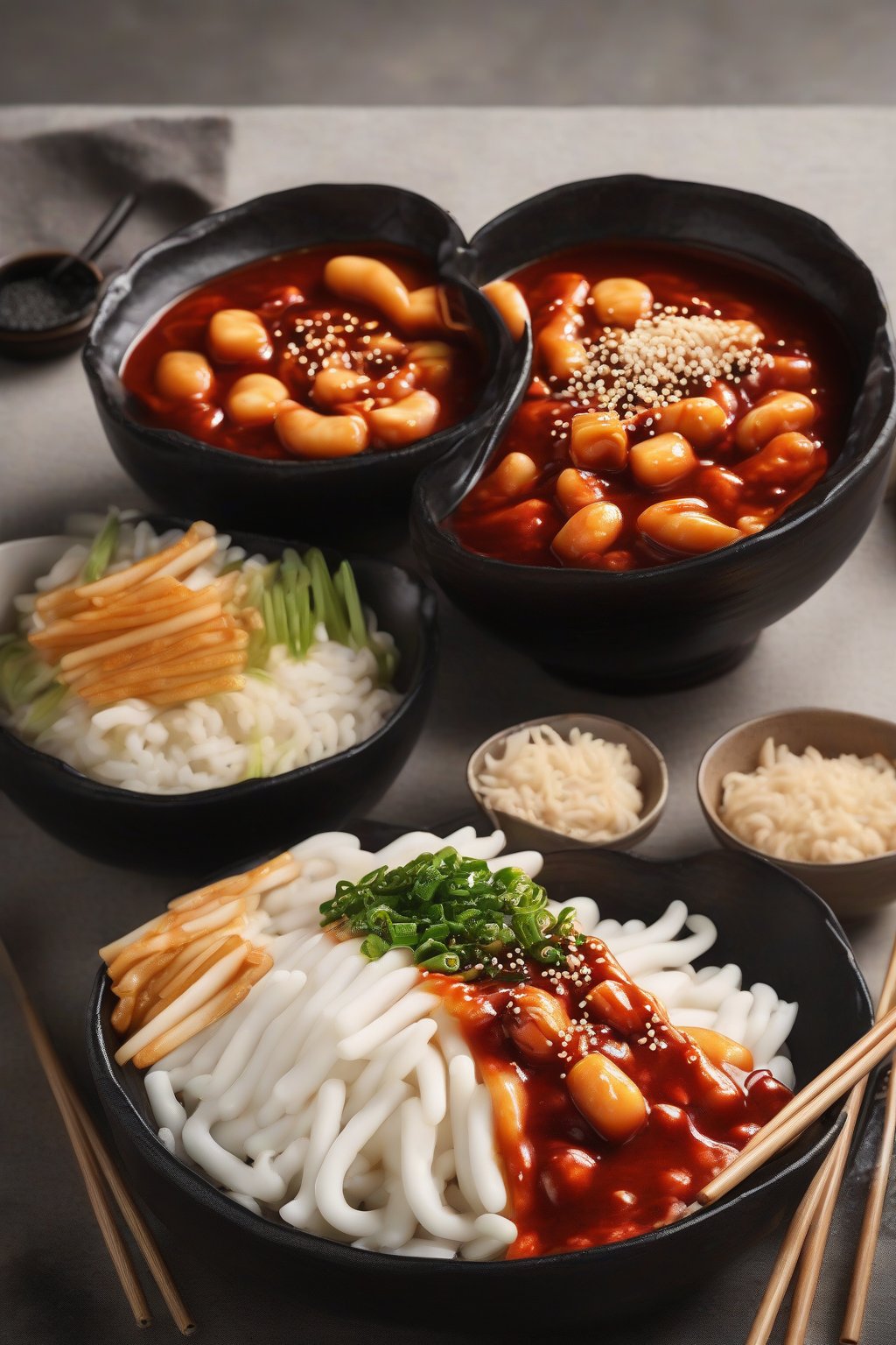 A high-resolution photo of steaming classic spicy tteokbokki in a black stone bowl, glossy red sauce clinging to chewy white rice cakes, topped with sesame seeds, under soft lighting.
