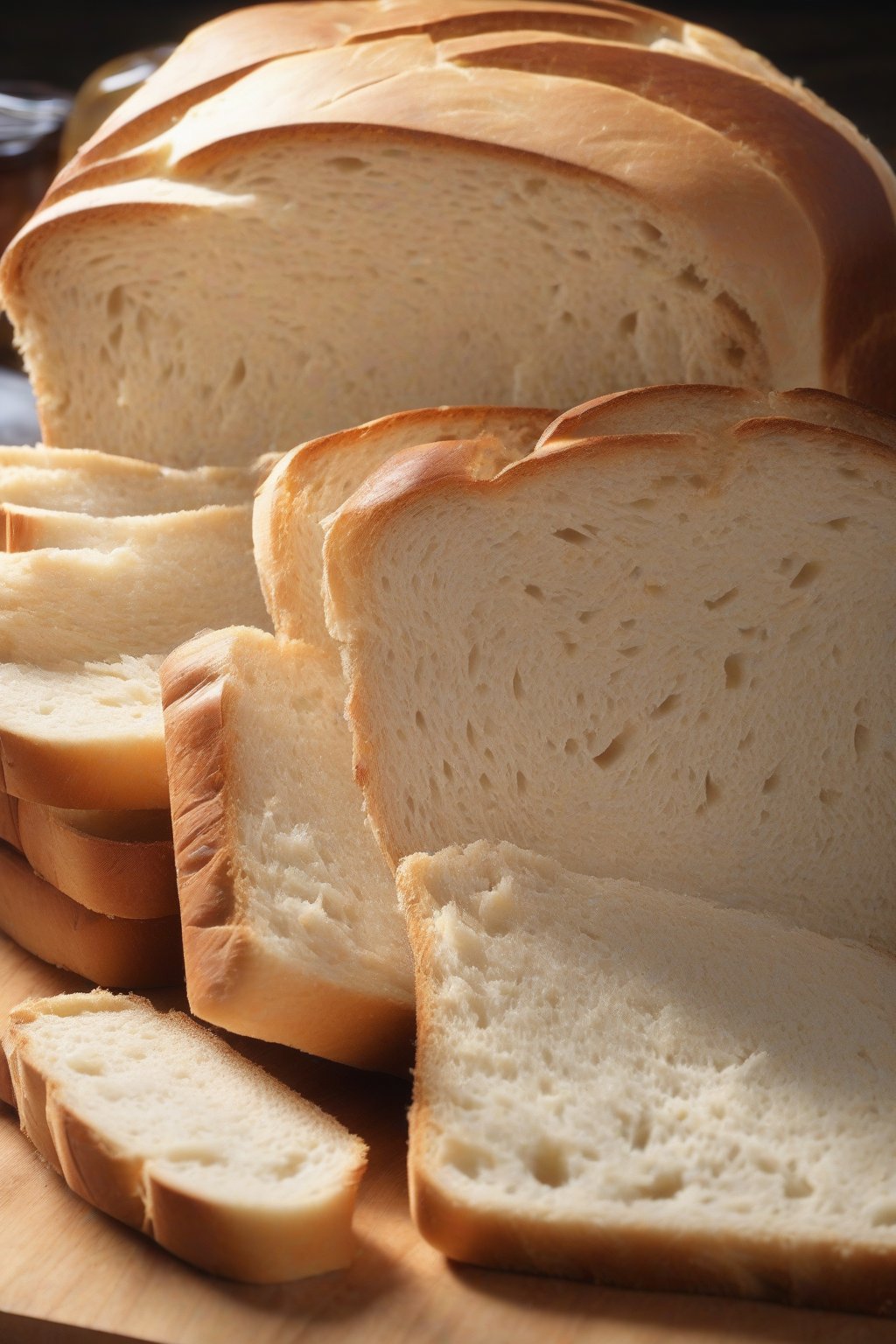 A high-resolution photo of a sliced loaf of classic white sandwich bread on a wooden board, soft interior visible, under soft lighting.