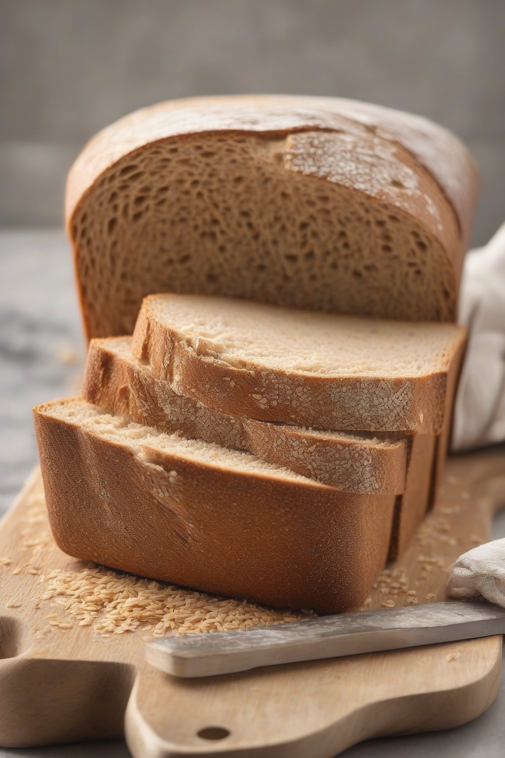 A high-resolution photo of whole wheat sandwich bread loaf freshly sliced, showing dense crumb, under soft lighting.