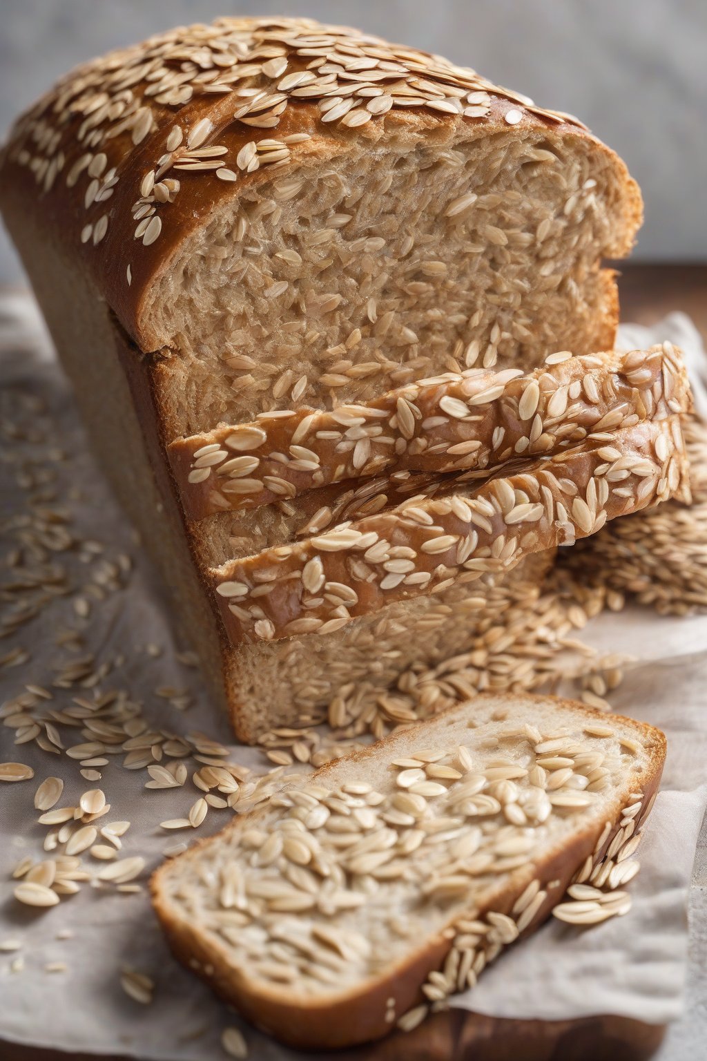 A high-resolution photo of honey oat sandwich bread with oats studded on top, sliced to show texture, under soft lighting.