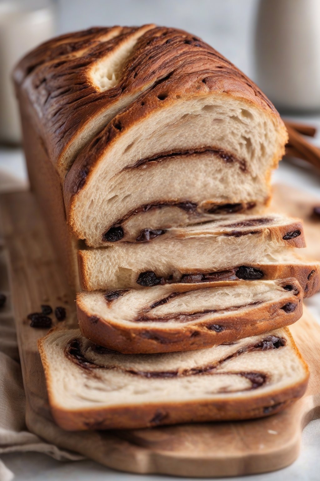 A high-resolution photo of cinnamon raisin swirl sandwich bread sliced open to reveal the swirl, under soft lighting.