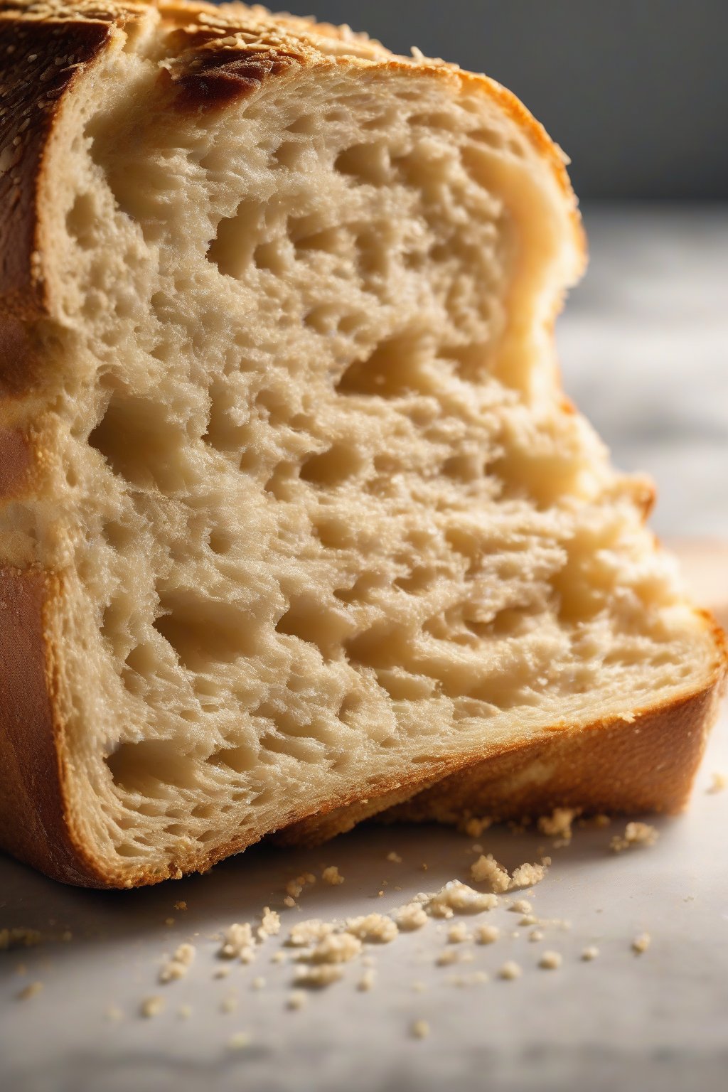 A high-resolution photo of a golden sourdough sandwich loaf sliced, with open crumb structure, under soft lighting.
