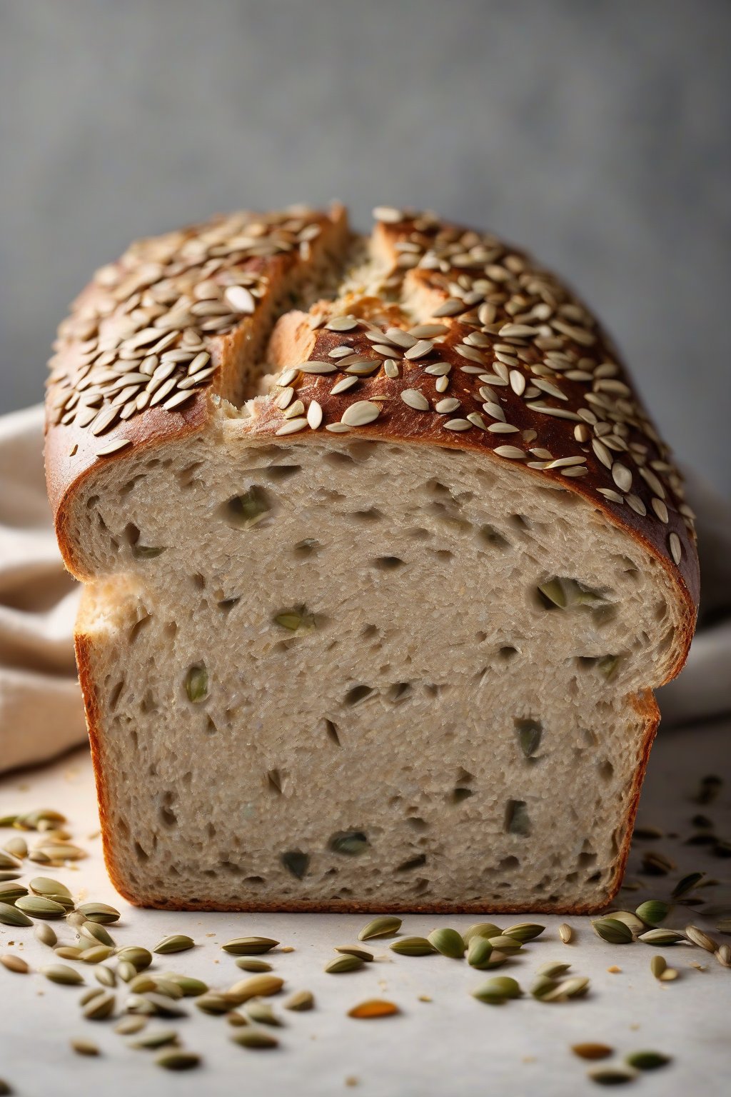 A high-resolution photo of multigrain sandwich bread loaf topped with seeds, neatly sliced, under soft lighting.