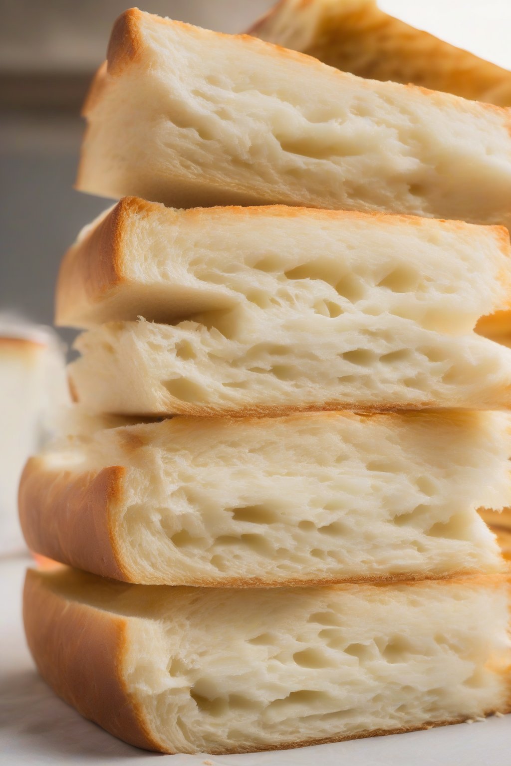 A high-resolution photo of soft potato sandwich bread sliced, showing fluffy interior, under soft lighting.