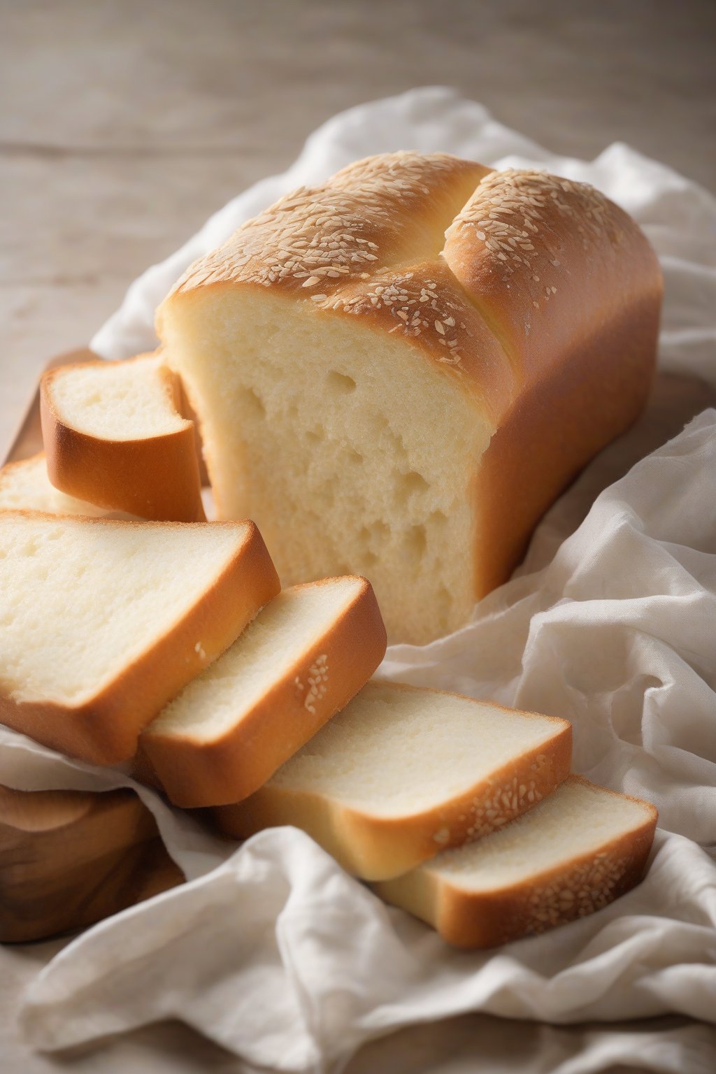 A high-resolution photo of Japanese milk bread loaf with tall, square slices, feathery soft crumb, under soft lighting.