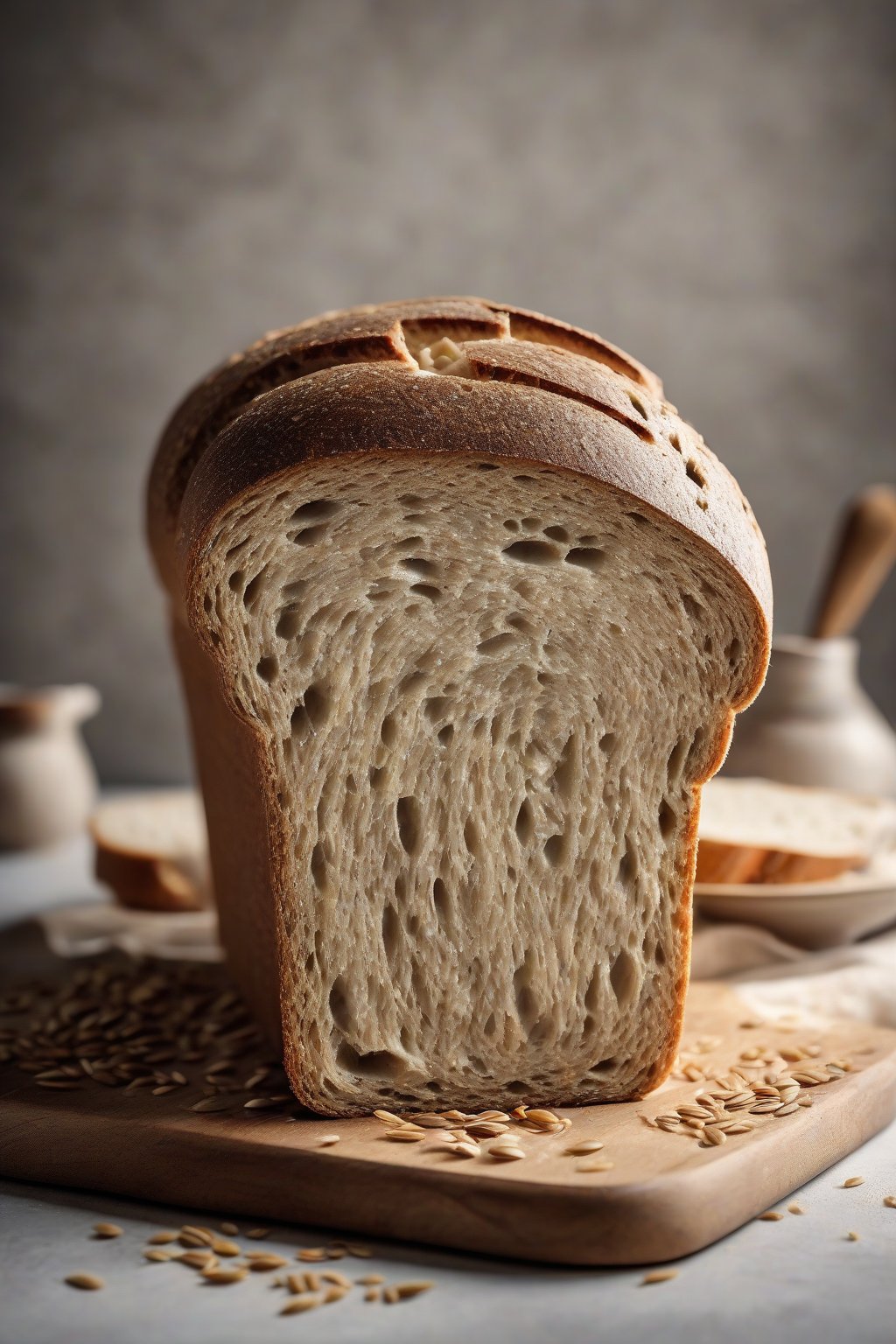 A high-resolution photo of light rye sandwich bread sliced, with even texture and seeds, under soft lighting.