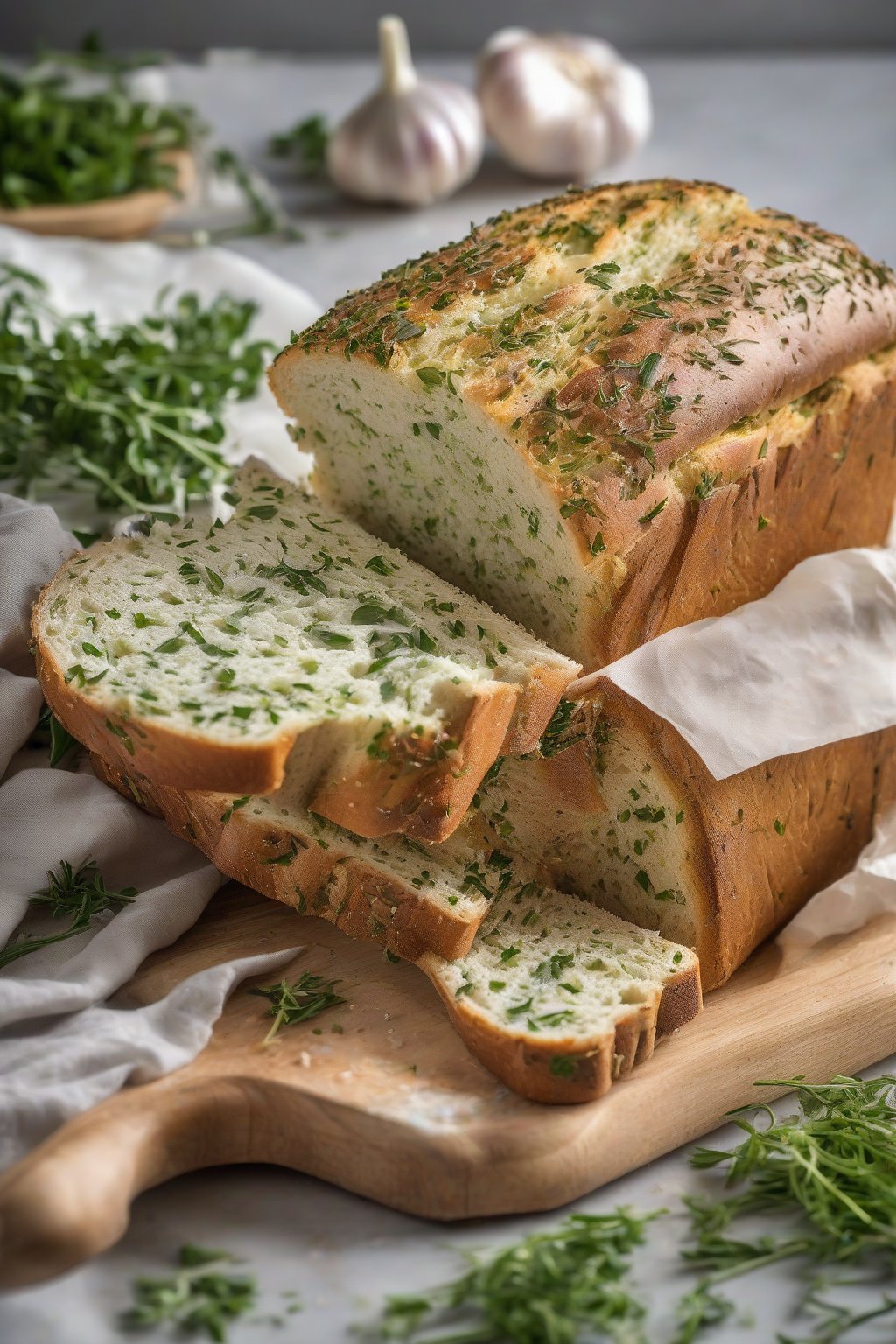 A high-resolution photo of garlic herb sandwich bread loaf sliced, flecked with green herbs, under soft lighting.