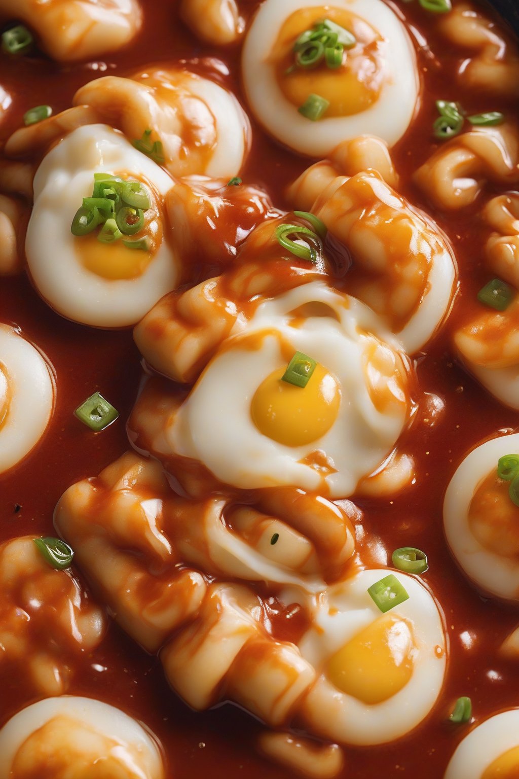 A high-resolution photo of cheese-pull tteokbokki with strings of melted mozzarella stretching over chewy rice cakes in spicy sauce, golden bubbles on top, under soft lighting.