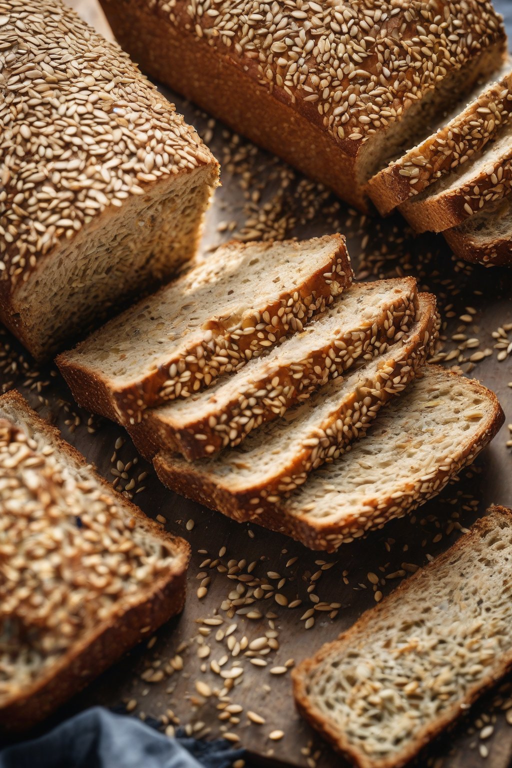 A high-resolution photo of seeded sandwich bread with shiny seed crust, perfect slices, under soft lighting.