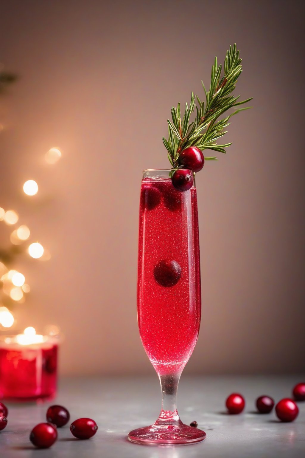 A high-resolution photo of a sparkling cranberry mimosa in a tall flute glass, garnished with fresh cranberries and a rosemary sprig, under soft lighting.