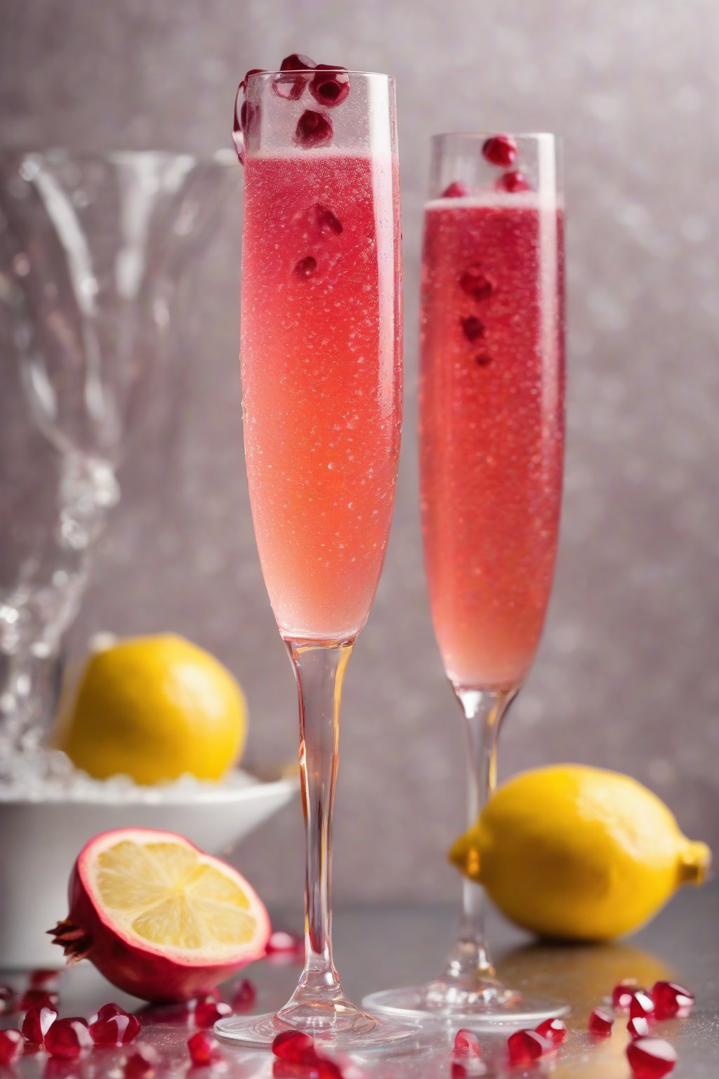 A high-resolution photo of a pomegranate mimosa fizzing in a champagne flute, topped with ruby arils and a lemon twist, under soft lighting.