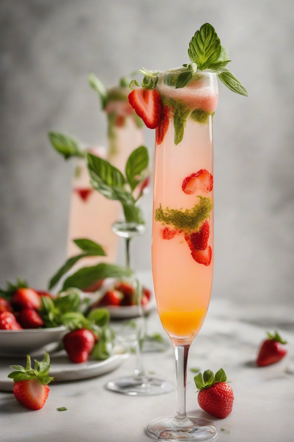 A high-resolution photo of a strawberry basil mimosa with visible puree layers and fresh garnishes in a flute, under soft lighting.